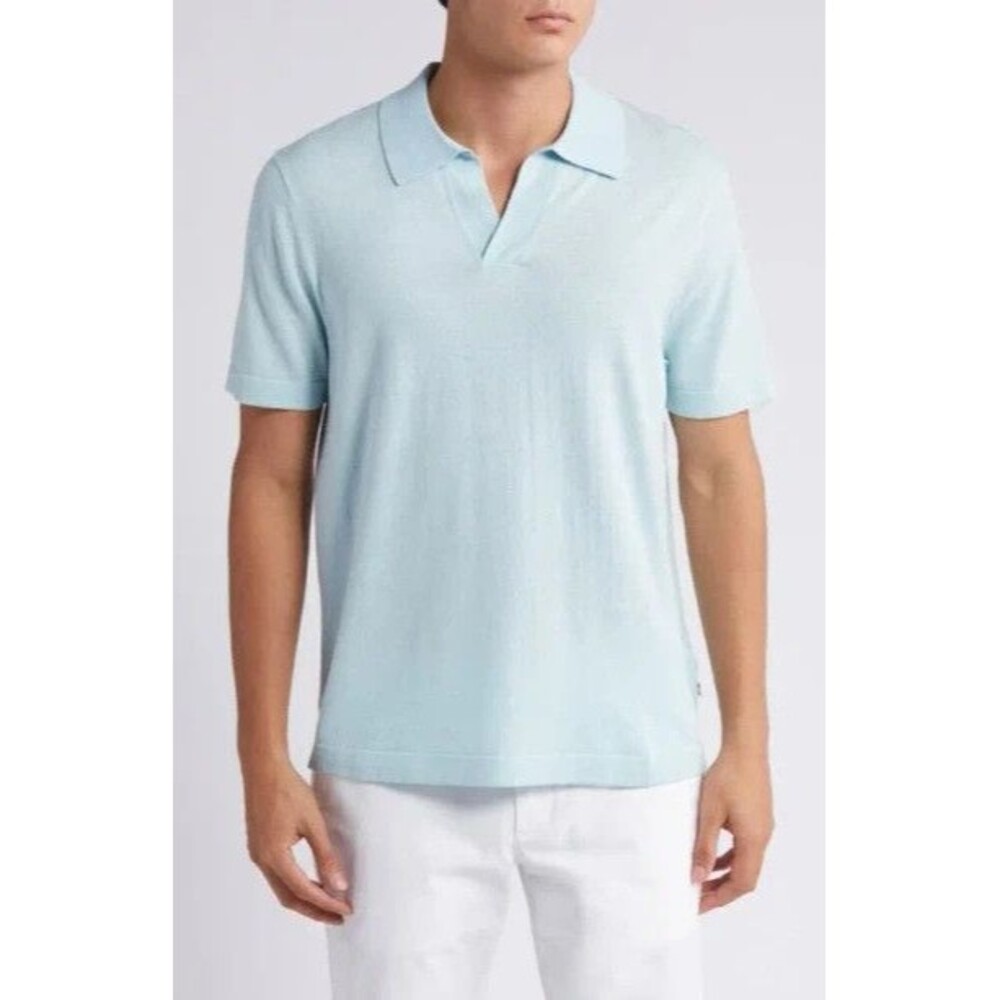 NN07 Polo Shirt Mens Small Winter Sky Blue V-Neck Linen Cotton RYAN $165